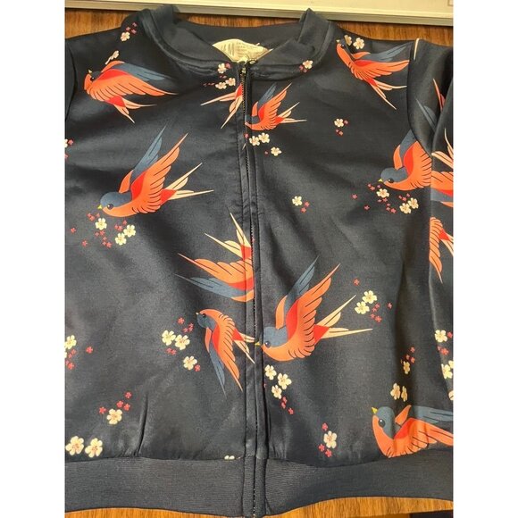 H&M Jacket Kid 4 Blue Mock Neck Floral Full Zip Pink Bird Festive Holiday School - Picture 4 of 10